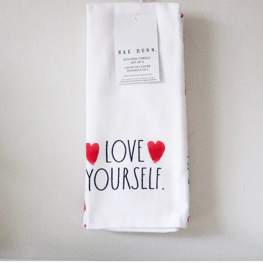 Rae Dunn Love Yourself White and Red Heart Kitchen Towels Set of 2